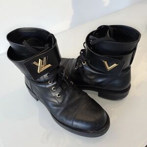 Louis Vuitton Black Leather Boots with Gold Details